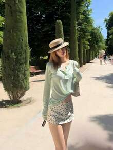 Women's Mint Green Long Sleeve Crew Neck Top, Slightly Elastic Fabric, Casual Regular Fit Henley Neck T-Shirt, Suitable For Spring Wear, Fashionable Tennis Style - Mint Green - View 4