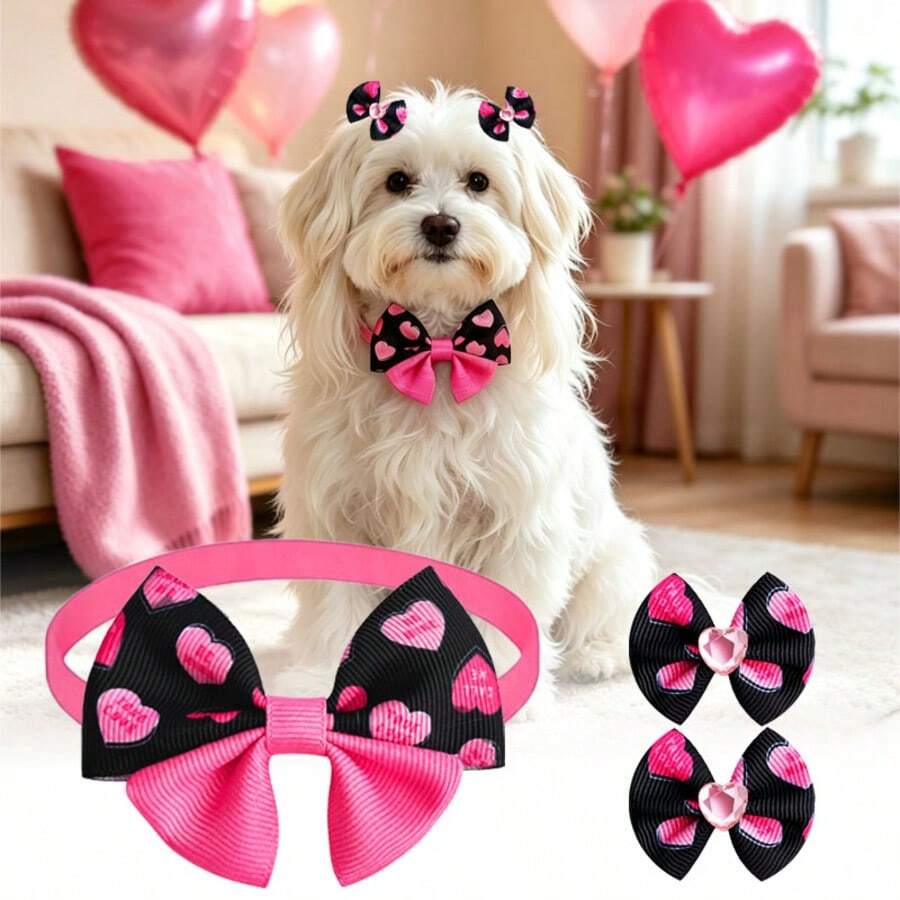 3pcs Handmade Double Layer Bow Set, Adjustable Collar & Clip-On Hair Flower, Pet Grooming Accessories, Suitable For Small And Medium Dogs And Cats, Party And Daily Wear - Multicolor - View 1