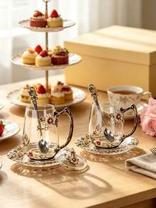 1 Set (1 Cup, 1 Spoon) Daisy Coffee Cup, Water Glass, Ceramic Spoon, Breakfast Milk And Juice Cup (No Lid) - Multicolor - View 5
