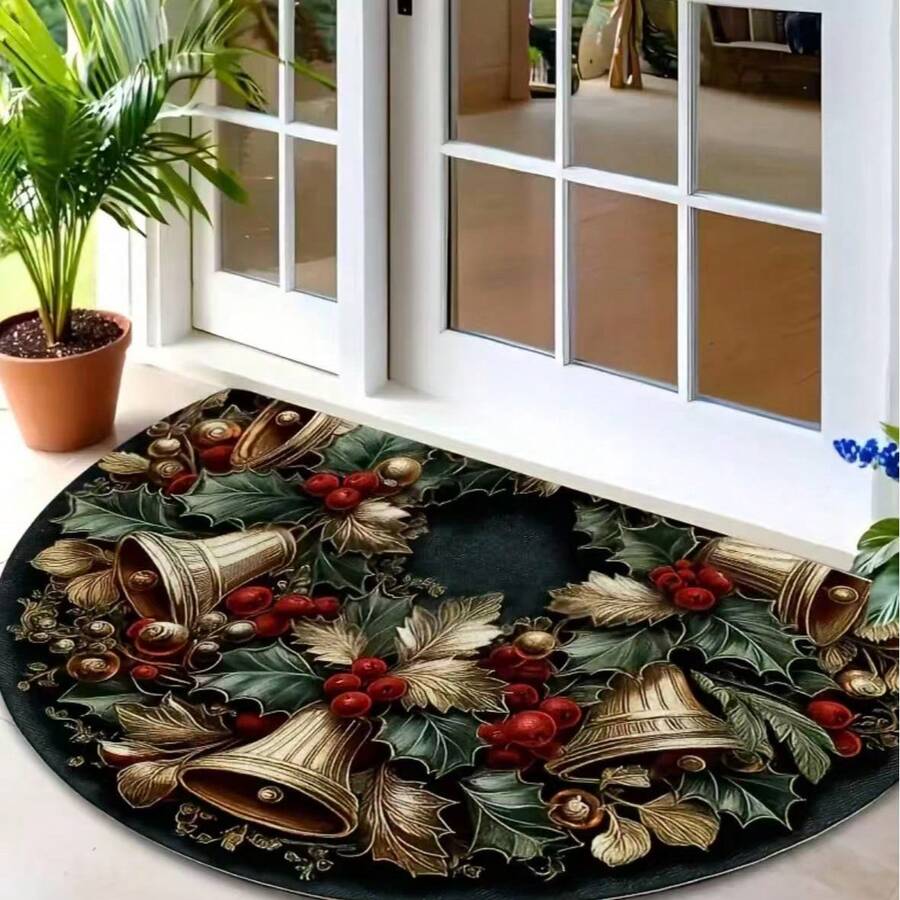GEL HUT MUN 1 pc Keset Pintu Setengah Lingkaran Motif Berry dan Lonceng Natal Personalisasi, Tahan Noda, Anti Slip, untuk Dalam Ruangan, Cocok untuk Pintu Masuk, Lorong, Taman, Dapur - d - View 1