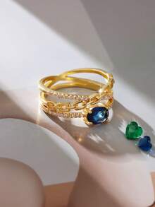1pc Fashion Creative Chain Design Oval Synthetic Zirconia Inlaid Women's Ring, Suitable For Wedding, Engagement, Birthday Gift, Holiday Gift, Valentine's Day Gift, Daily Wear, Party And Banquet Wear - Blue - View 2