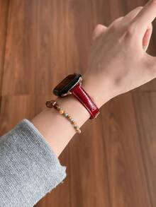 Leather Watch Band Compatible With Apple Watch 38/40/41/42/44/45/46mm, Burgundy Red Crocodile Pattern Slim Strap , Elegant Fashion For Women Girl - Red - View 3