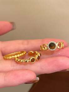 3pcs Vintage Minimalist Copper Alloy Brown Tiger Eye Open Ring Set, Suitable For Women's Daily Wear And Gatherings - Golden Yellow + Brown - View 7