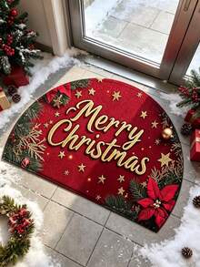 1pc Gold Merry Christmas Cursive Semi-Circle Rug, Plush Doormat, Small Rug, Welcome Mat, Carpet, Floor Mat, Outdoor Doormat, Kitchen Rug, Home Decor, Front Door Mat, Area Rug, Outdoor Mat, Home Decor, Area Carpet, Garden Rug, Washable Rug - Multicolor - View 2