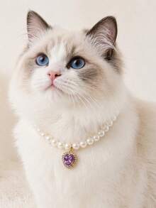 1pc Heart Rhinestone Pendant Faux Pearl Pet Necklace, Elegant Beaded Collar For Small Cat Kitten Puppy Dog Pet Photo Dress‑Up Accessory - Multicolor - View 6