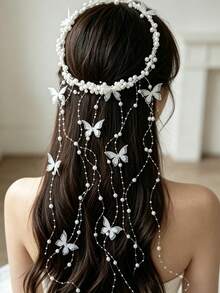 New Butterfly Tassel Flower Wreath Handmade Bead Headband, Sen Style Princess Style Fashionable Bridal Headpiece, Wedding Headband - White - View 1