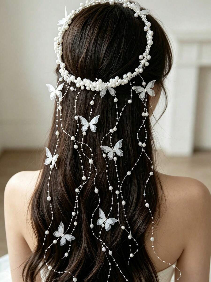 New Butterfly Tassel Flower Wreath Handmade Bead Headband, Sen Style Princess Style Fashionable Bridal Headpiece, Wedding Headband - White - View 1