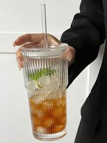 Transparent Glass Cup Striped Coffee Cup With Straw And Lid Simple Style Coffee Cups Large Capacity Glass Water Bottle Portable Outdoor Water Cup For Home Office Parties Autumn Winter Drinkware Home Decor - Multicolor - View 4