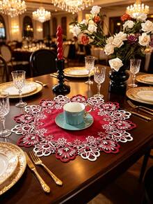 1PC Polyester Festive Burgundy Fall And Winter Velvet Center Lace Cutwork Placemat Round Floral Embroidered Table Mat For Holiday Party Dinner Decoration - Red - View 10