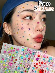 1pc Colorful Heart & Star Face Decoration Stickers, Multi-Specification Rhinestone Combination Elements, Convenient Self-Adhesive Glue-Free, Music Festival Carnival Photo Shoot Atmosphere Face Makeup Stickers, Comic Convention Photo Shoot Makeup Decoration Stickers, Eye Area Colorful Rhinestone Embellishment Stickers - Multicolor - View 1