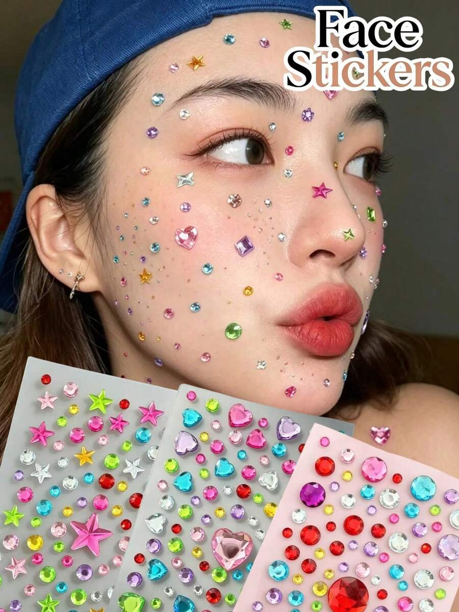 1pc Colorful Heart & Star Face Decoration Stickers, Multi-Specification Rhinestone Combination Elements, Convenient Self-Adhesive Glue-Free, Music Festival Carnival Photo Shoot Atmosphere Face Makeup Stickers, Comic Convention Photo Shoot Makeup Decoration Stickers, Eye Area Colorful Rhinestone Embellishment Stickers - Multicolor - View 1