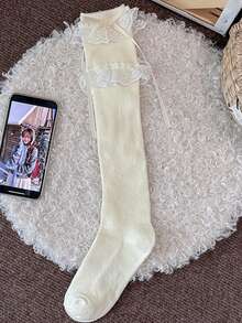 1 Pair Women's Double Layer Lace Trim Bow Mid-Calf Socks, Sweet Lolita JK Style Ribbed Knit Layered Lace Ruffle Socks, Cute Satin Ribbon Bow Decor Mid-Calf Socks, Soft Breathable Casual Socks, Vintage Slouch Socks, Suitable For Denim Boots, Riding Boots, Girls Daily Outfit, Cosplay Outfit - Multicolor - View 9