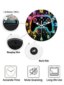 1pc Neon-Lit Game Controller Wall Clock - With Colorful Splashes Retro Gaming Decor - Suitable For Living Room, Bedroom, Office- Gamer Cave Gift, Wood Material Round Clock, 2D Flat - Multicolor - View 9