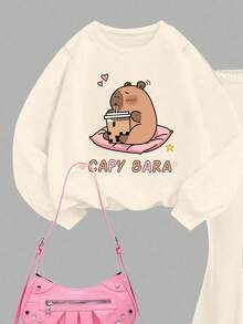 Young Girls Casual Loose Cartoon Print Sweatshirt Set, Suitable For Autumn/Winter Girls Sports Sweatshirt Set, Winter Young Girls Set - Apricot - View 3
