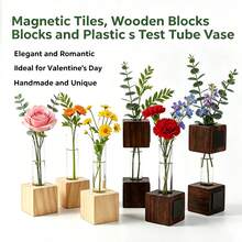 2/4/6/8pcs Wall-Mounted Test Tube Vase Set, Solid Wood Base With Plastic Round Tubes, Wall-Mounted Refrigerator Flower Rack, Suitable For Small Flowers And Green Plants, Home Kitchen Decoration - Multicolor - View 2