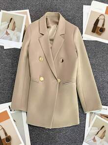 Spring/Summer Women's Solid Color Long Sleeve Double-Breasted Blazer, Notched Collar | Suitable For Dates, Parties, Outings And Holiday Celebrations - Ginger - View 7