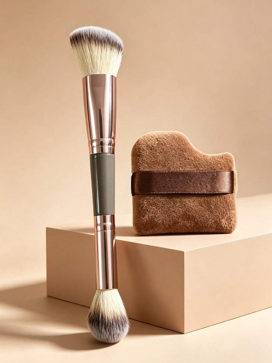 1pc/2pcs Dual‑Ended Makeup Brush With Powder Puff Set, Soft Synthetic Bristles Blush Contour Highlighter Brush, Portable Cosmetic Tool For Daily Makeup - Multicolor - View 1
