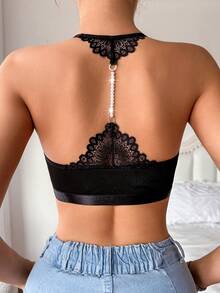Women's Fashion Black Ribbed Halter Neck Bra, Adjustable Spaghetti Strap, Wireless - Black - View 3