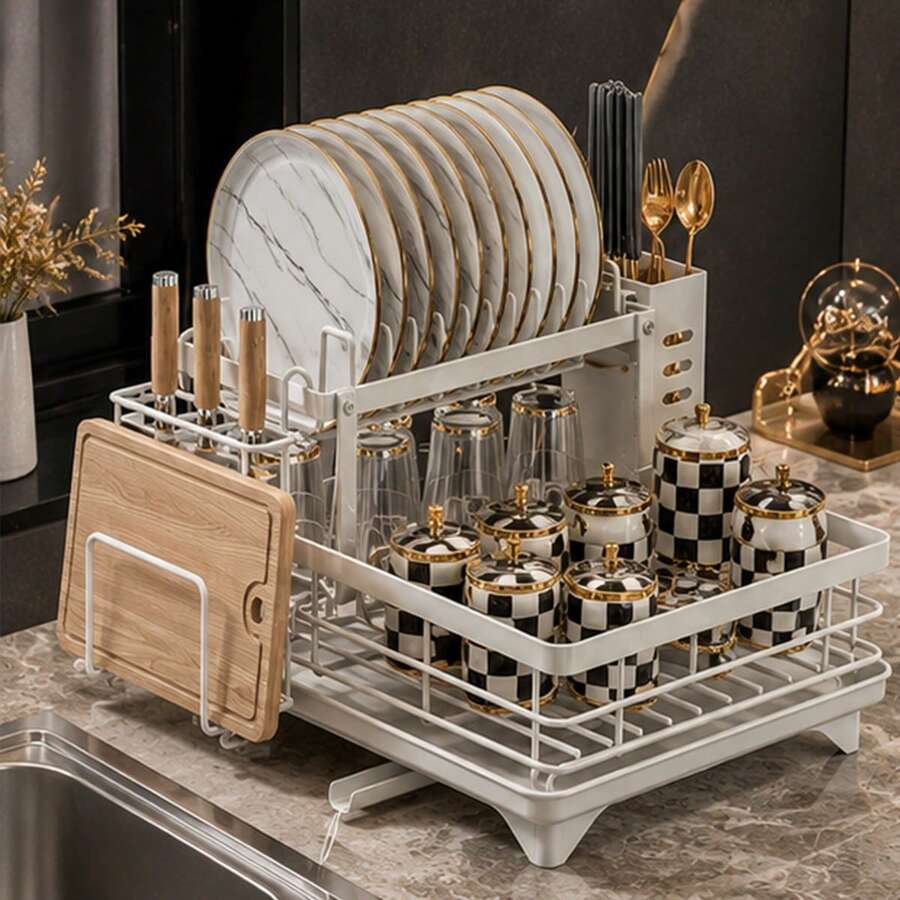 1pc Stainless Steel Kitchen Dish Drying Rack, Space-Saving Countertop Organizer With Utensil Holder, Cutting Board Rack And Knife/Fork Holder, Suitable For Bowls, Plates, Knives, Spoons And Forks - Black - View 1