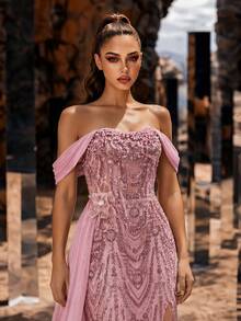 Elegant Women's Pink Mermaid Formal Dress, Made Of Beaded Mesh Fabric, Off-Shoulder Short Sleeve, Deep V-Neck, Perfect For Prom And Evening Party. - Pink - View 4