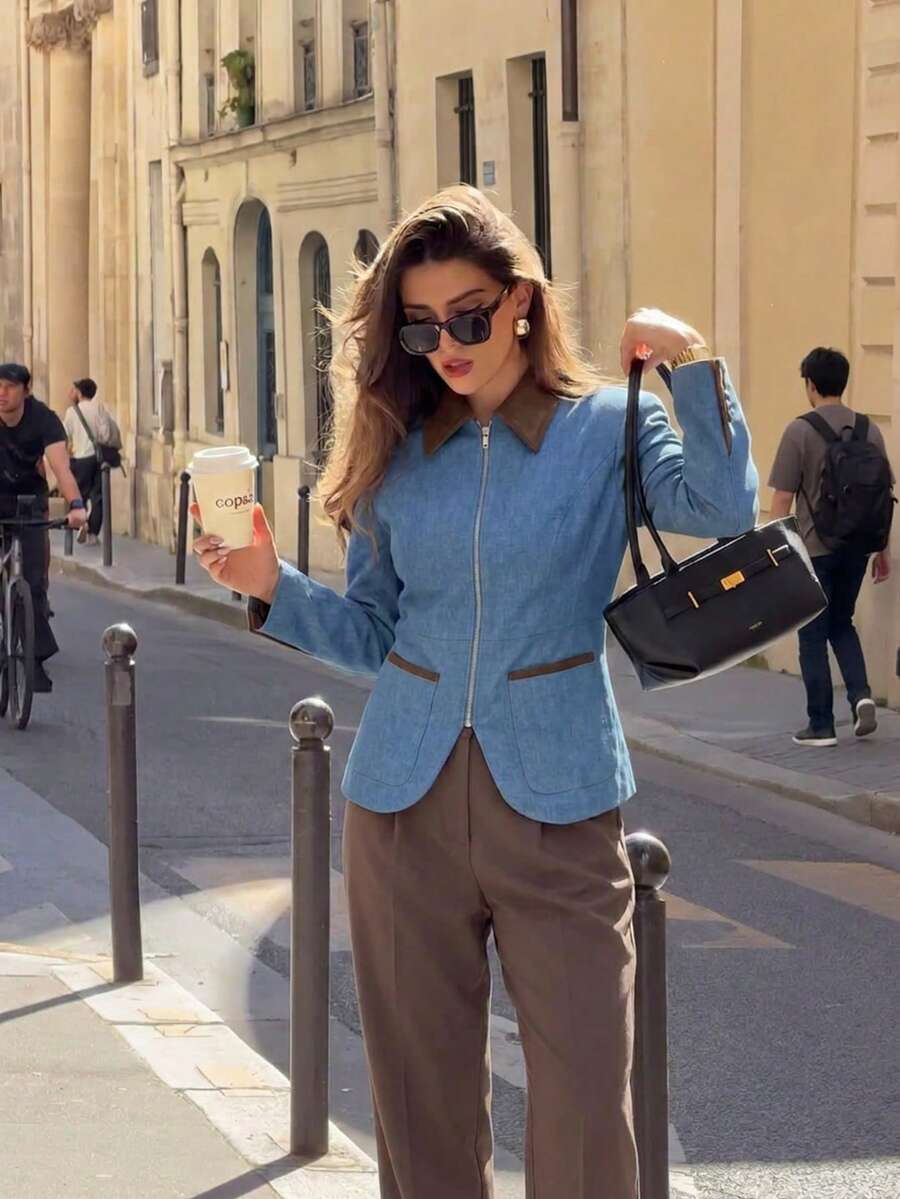 Fashionable Women's Light Blue Denim Jacket With Brown Collar, Full Zip Design, Pockets, Autumn Essential