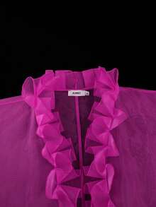 African Women Plus Size Fuchsia Sheer Organza Ruffle Long Kimono Robe Flare Sleeve Irregular Hem Mesh Cover Up Open Front Party Outfit - Hot Pink - View 7
