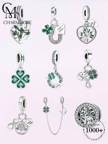 1pc Green Beaded Clover Pendant, Suitable For Women's Bracelet, Bangle DIY Jewelry Making And Daily Wear Accessory Decoration - Silver - View 1