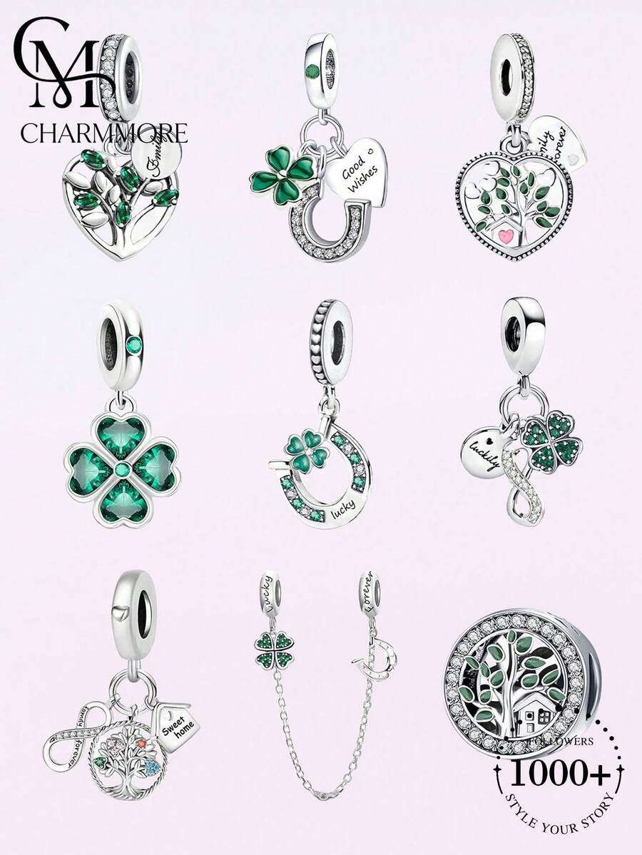 1pc Green Beaded Clover Pendant, Suitable For Women's Bracelet, Bangle DIY Jewelry Making And Daily Wear Accessory Decoration - Silver - View 1