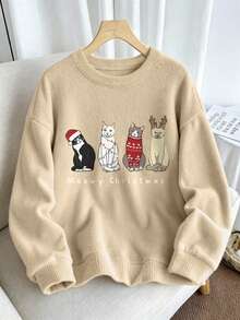 Women's Plus Size Sweater, Four Christmas Kitten Pattern, Long Sleeve Crew Neck Regular Fit Sweater, Ideal Choice For Autumn/Winter Outfits - Apricot - View 1