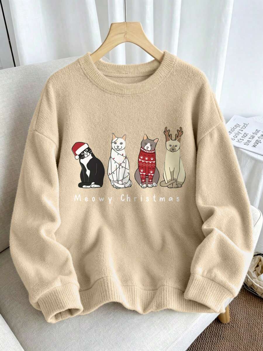 Women's Plus Size Sweater, Four Christmas Kitten Pattern, Long Sleeve Crew Neck Regular Fit Sweater, Ideal Choice For Autumn/Winter Outfits - Apricot - View 1