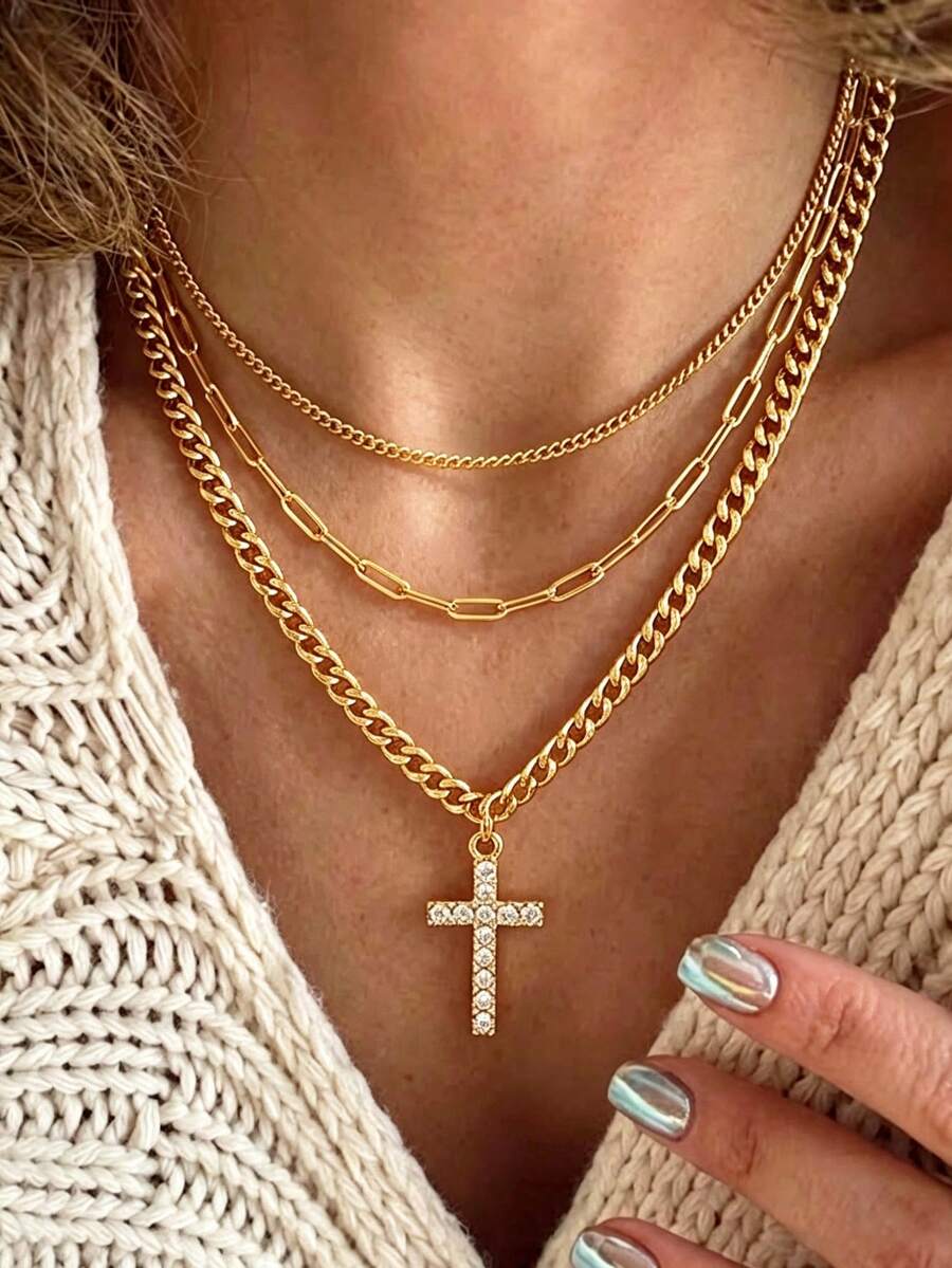 3pcs Fashion Minimalist Rhinestone Cross Pendant Layered Necklace Set For Women, Daily Wear, Vacation, Date, Travel, Perfect Gift Choice - Yellow Gold - View 1