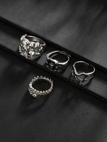 4pcs Vintage Gothic Multi-Style Men's Ring Set, Halloween Dark Punk Skull Mask Metal Finger Rings, Autumn/Winter Street Party Stackable Jewelry Gift Accessory - White K - View 5