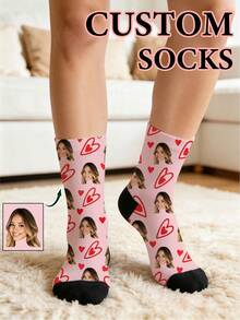 Custom Face Photo Crew Socks, Personalized Image Custom Socks, Heart Stripe Bow & Pet Paw Print, Novelty Gift For Birthday Valentine's Day - Multicolor - View 5