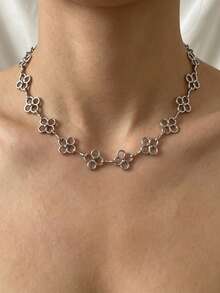 VJS 1pc Korean Style Fresh Silver White Flower Necklace, Hollow Four-Petal Flower Chain, Minimalist Collarbone Chain, Versatile Daily Wear, Birthday Gift Accessory - Silver - View 8