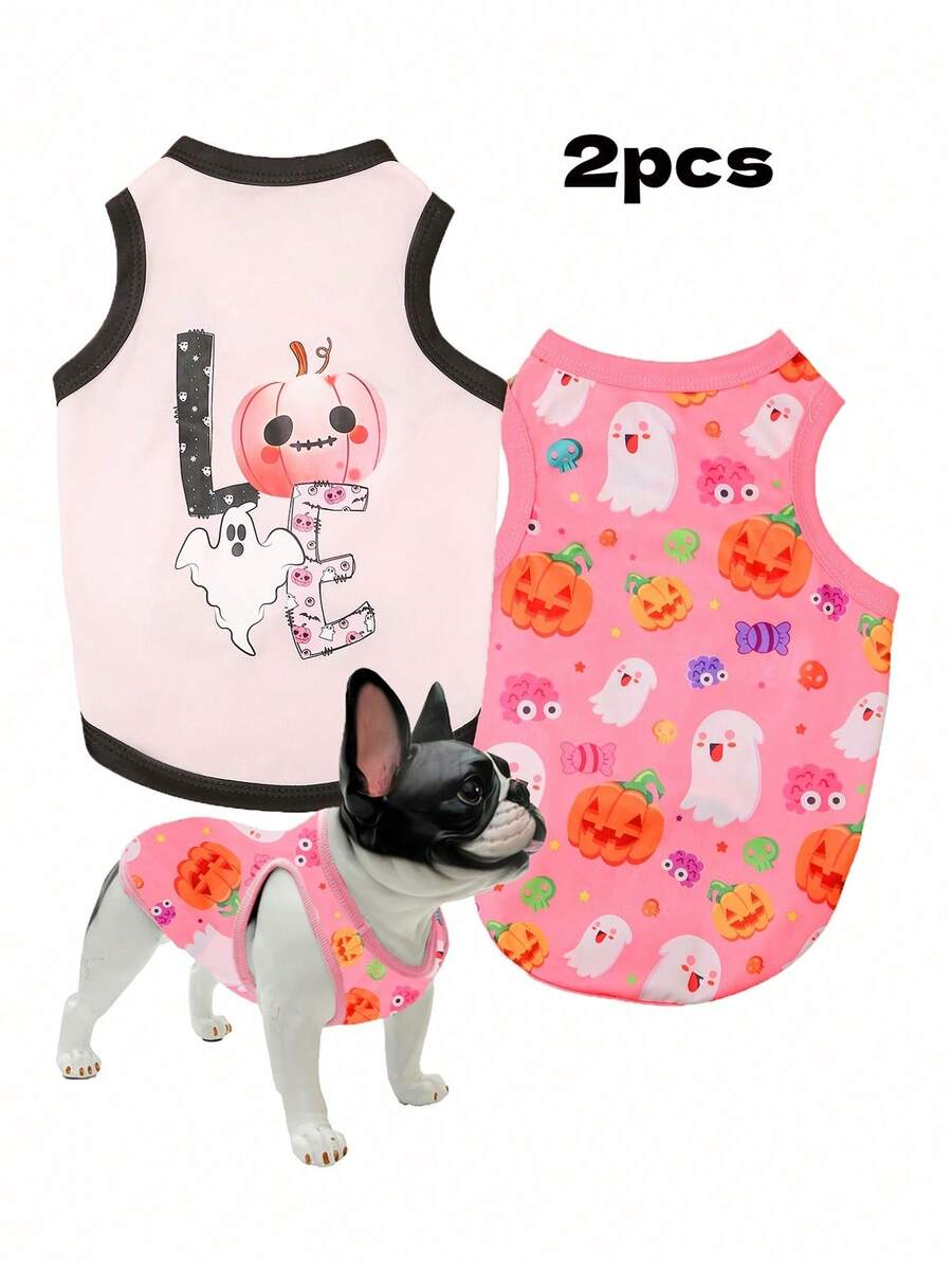 LUCKIE LABO 2pcs/Set Halloween LOVE Funny Print Pet Vest, Physical Flea Prevention, Reduce Shedding, Insulated & Breathable, Suitable For Small And Large Dogs And Cats, Indoor And Outdoor - Multicolor - View 1