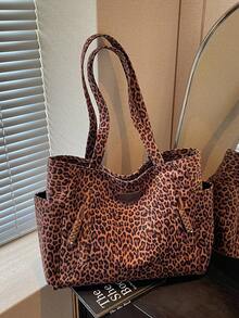 New Vintage Casual Leopard-Print Multi-Pocket Shoulder Tote Bag: Versatile, Large-Capacity Handbag For Fall/Winter-Perfect For Commuting And College - Brown - View 4