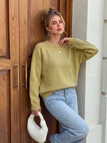 Nicenter Women's Autumn/Winter Solid Color Textured Knit Round Neck Raglan Long Sleeve Loose Pullover Wool Blend Sweater, Casual Daily Wear - Mustard Yellow - View 7