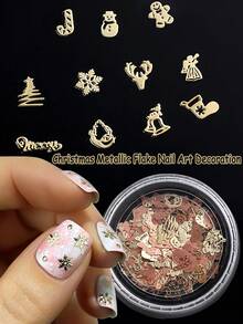 1Box 3D Metal Christmas Nail Art Charms – A Random Assortment Of Cute Designs Including Gold Snowflakes, Gingerbread Men, Christmas Trees, Stockings,Perfect For DIY Nail Decoration And Nail Salon Use. - Gold - View 3