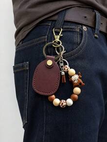 Cute Retro Style Highland Cattle Bead Bracelet PU Leather Keychain, Access Card Holder Tassel Decor Bag, Charm Car Key Ring Gift, Unisex, Daily Essential, Birthday, Ramadan, Christmas Gift - Multicolor - View 8
