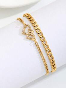 2pcs/Set Gold Tone Double Heart Rhinestone Chain Bracelet Set Kids Jewelry For Girls Cute Sparkling Accessories For Birthday Parties School Daily Wear - Gold - View 2