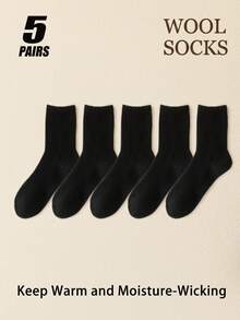 5 Pairs Men's Ribbed Knit Wool Crew Socks, Warm Thermal Moisture‑Wicking Mid‑Calf Socks, Solid Color Thick Cozy Fall Winter Daily Socks - Multicolor - View 10