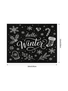 Christmas Table Runner, Placemat, Throw Pillow, Rustic Chalkboard Style Black Background White Text "Hello Winter" Christmas, Snowflake Holly Gloves Candy Cane Sock Pattern, Home Sofa Bedroom Holiday Decor - Multicolor - View 8