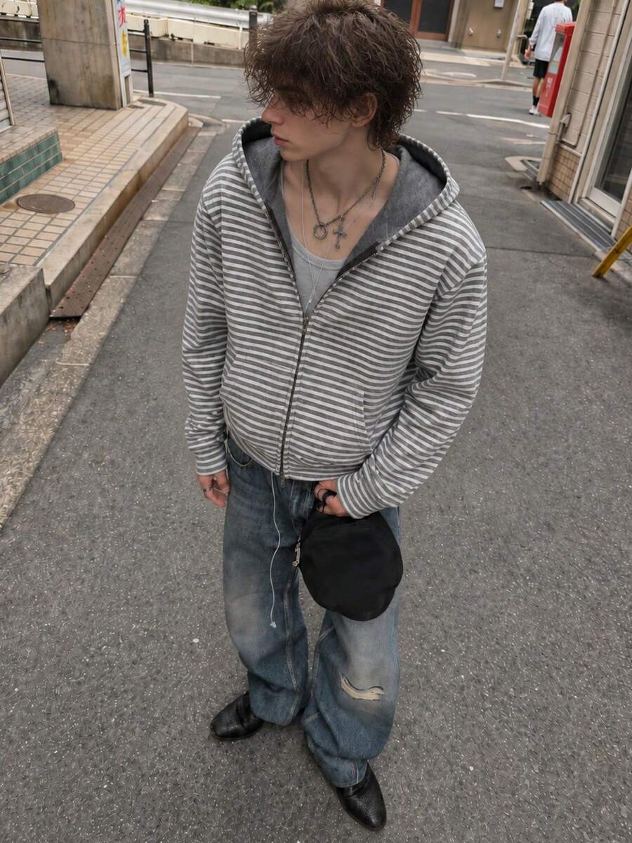 男士條紋拉鍊連帽羊毛與桑蠶絲運動衫 - 灰色 - 查看 1