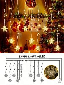1pc Warm Tone LED Snowflake Curtain Light, 13ft/4m 96 LED Beads, 8 Modes, Indoor Decoration, Suitable For Christmas, Valentine's Day, Birthday Gift, Create Winter Atmosphere - Snowflake Curtain Lights - View 4