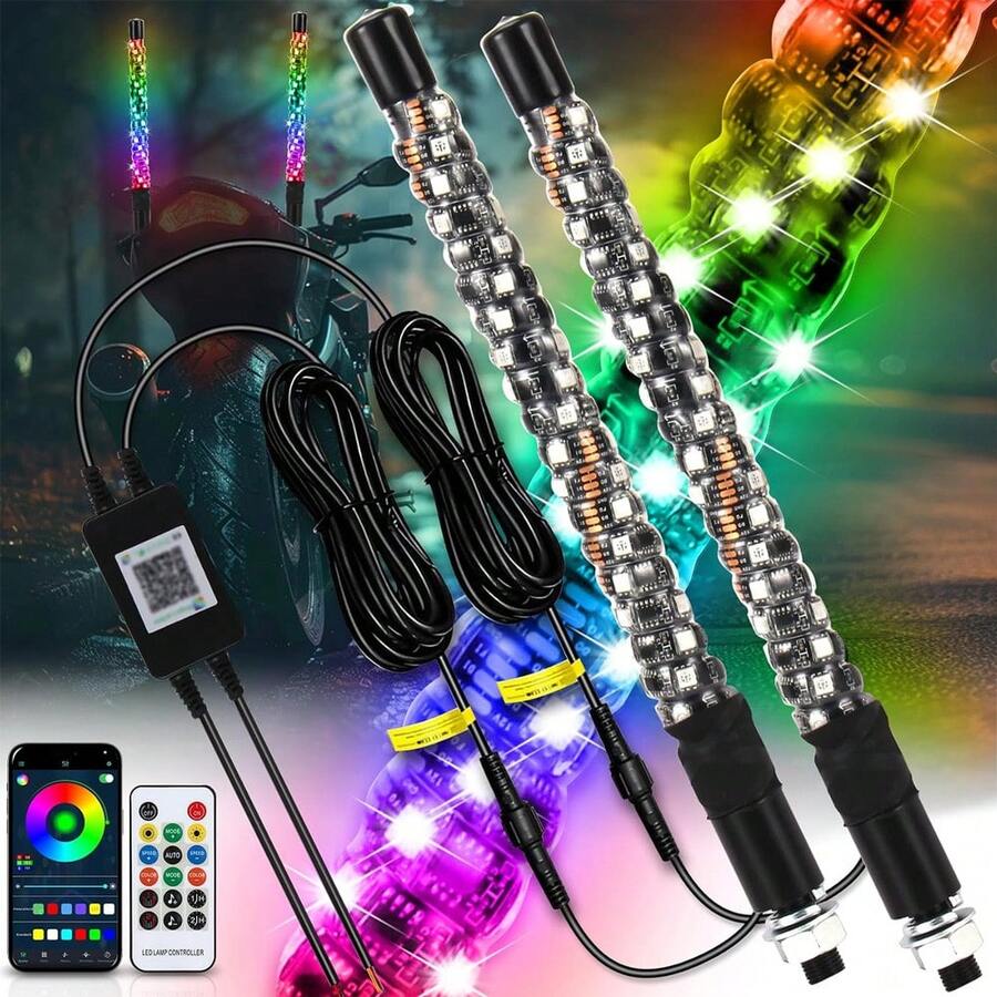 30cm Par Antenas Led para Auto Moto/ATV/UTV, Antena led para cuatrimoto, Ajedrez Playa Luces RGB, Impermeable con Remoto Y App - A - Ver 1