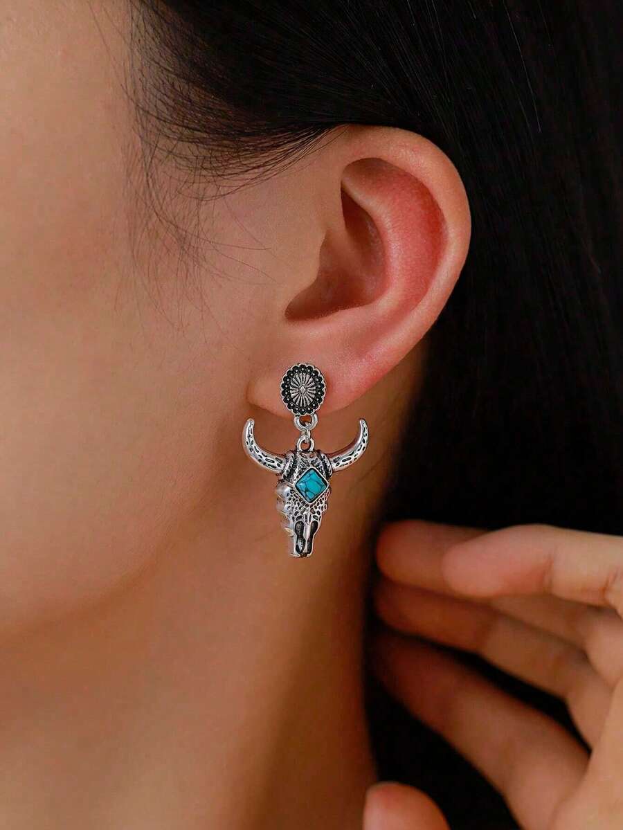 1pc Western Cowboy Style Vintage Bull Head Stud Earrings (Unisex) - Vintage White Gold 3 - View 1