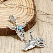 1pc Western Cowboy Style Vintage Bull Head Stud Earrings (Unisex) - Vintage White Gold 3 - View 3