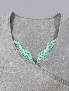 Women's Y2K Colorblock Lace Trim 2 Pieces Set, V-Neck Criss-Cross Fitted Long Sleeve Top & Low Waist Flared Pants, Street Casual Slimming Outfit - Grey - View 6