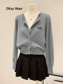 Women's Long Sleeve Embroidered Bow Knit Cardigan Jacket, Premium Autumn/Winter Outerwear - Grey - View 2