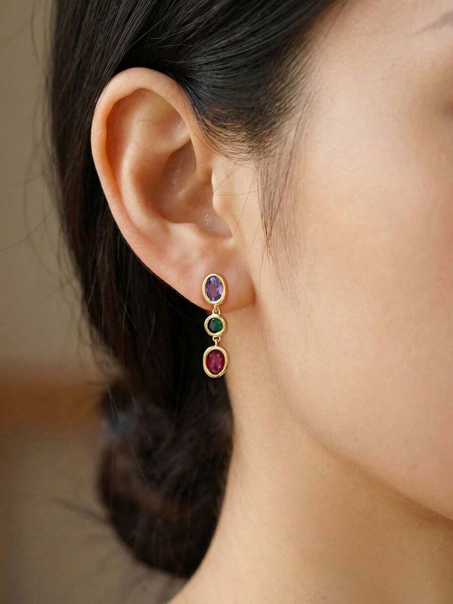 Vintage Drop Earrings For Women 14K Gold Plated Colorful Green Red Rhinestone Dangle Earring Statement Unique Earring Beach Jewelry - Gold - View 1